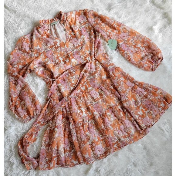 REYGRASS Long Sleeve Orange Pink Floral Dress Light Sheer Fabric Women's SZ M - Picture 7 of 9